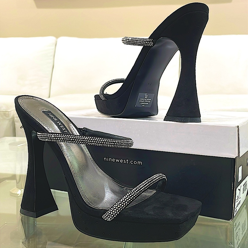 NIB NINE WEST rhinestone strap black platform open toe sandals cocktail heel 7 - Picture 2 of 14